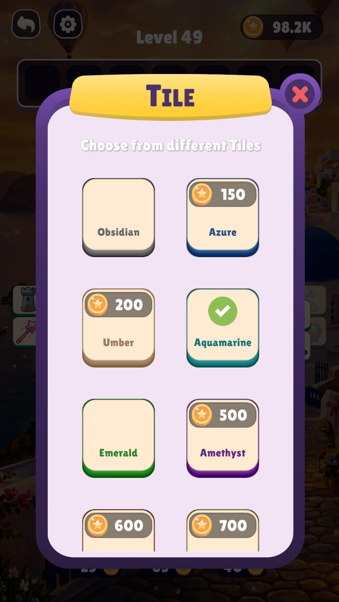 Tile colors menu