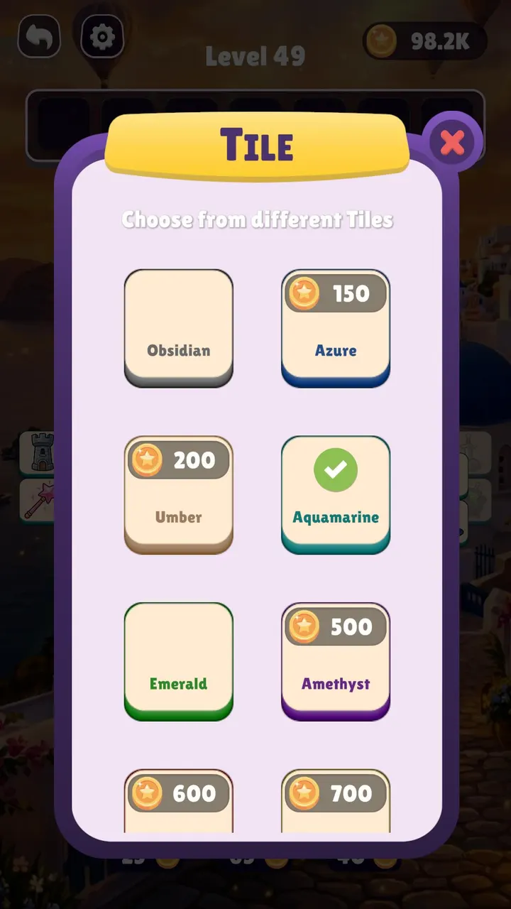 Tile colors menu